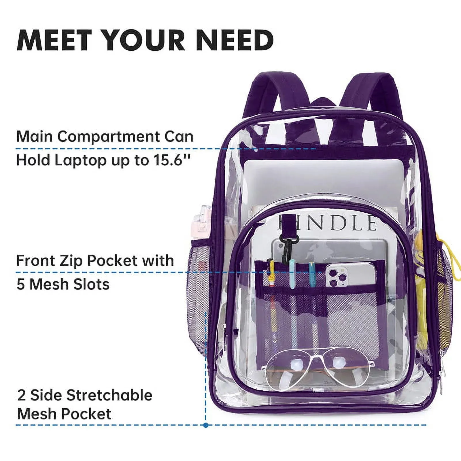 Clear Backpack Heavy Duty Stadium Approved PVC Transparent Backpacks for Kids Adults Clear School Bookbag with Reinforced Strap for School, Travel, Purple