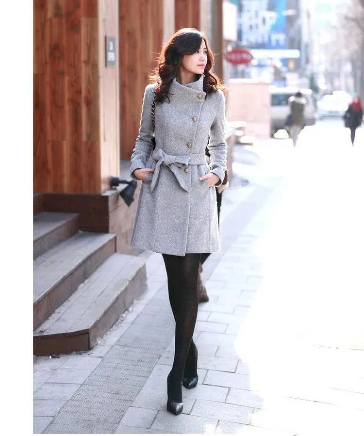 Clearance Slim Bowknot Sash Worsted Trench Coat