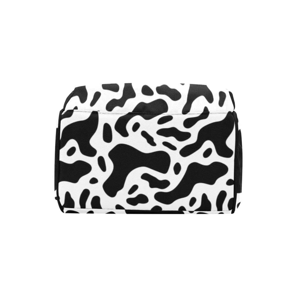 Cow Print Diaper Bag Backpack, Black White Animal Baby Boy Girl Waterproof Insulated Pockets Stylish Mom Dad Designer Men Women Multipurpose