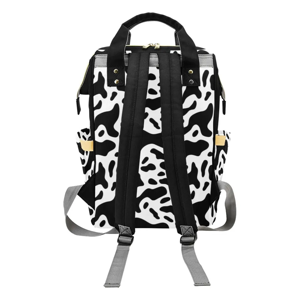 Cow Print Diaper Bag Backpack, Black White Animal Baby Boy Girl Waterproof Insulated Pockets Stylish Mom Dad Designer Men Women Multipurpose