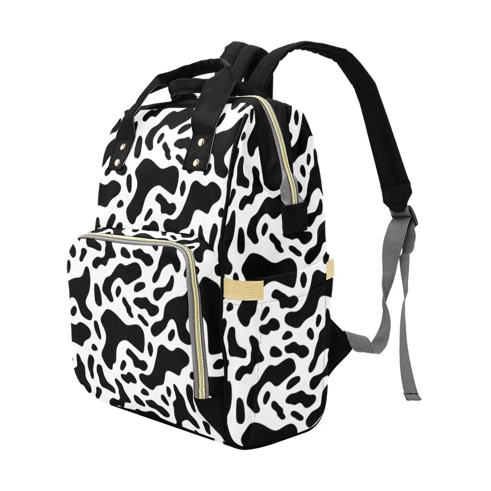 Cow Print Diaper Bag Backpack, Black White Animal Baby Boy Girl Waterproof Insulated Pockets Stylish Mom Dad Designer Men Women Multipurpose