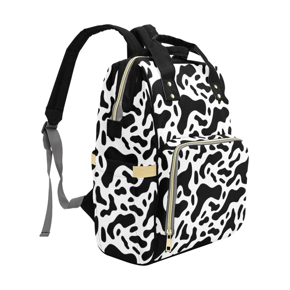 Cow Print Diaper Bag Backpack, Black White Animal Baby Boy Girl Waterproof Insulated Pockets Stylish Mom Dad Designer Men Women Multipurpose