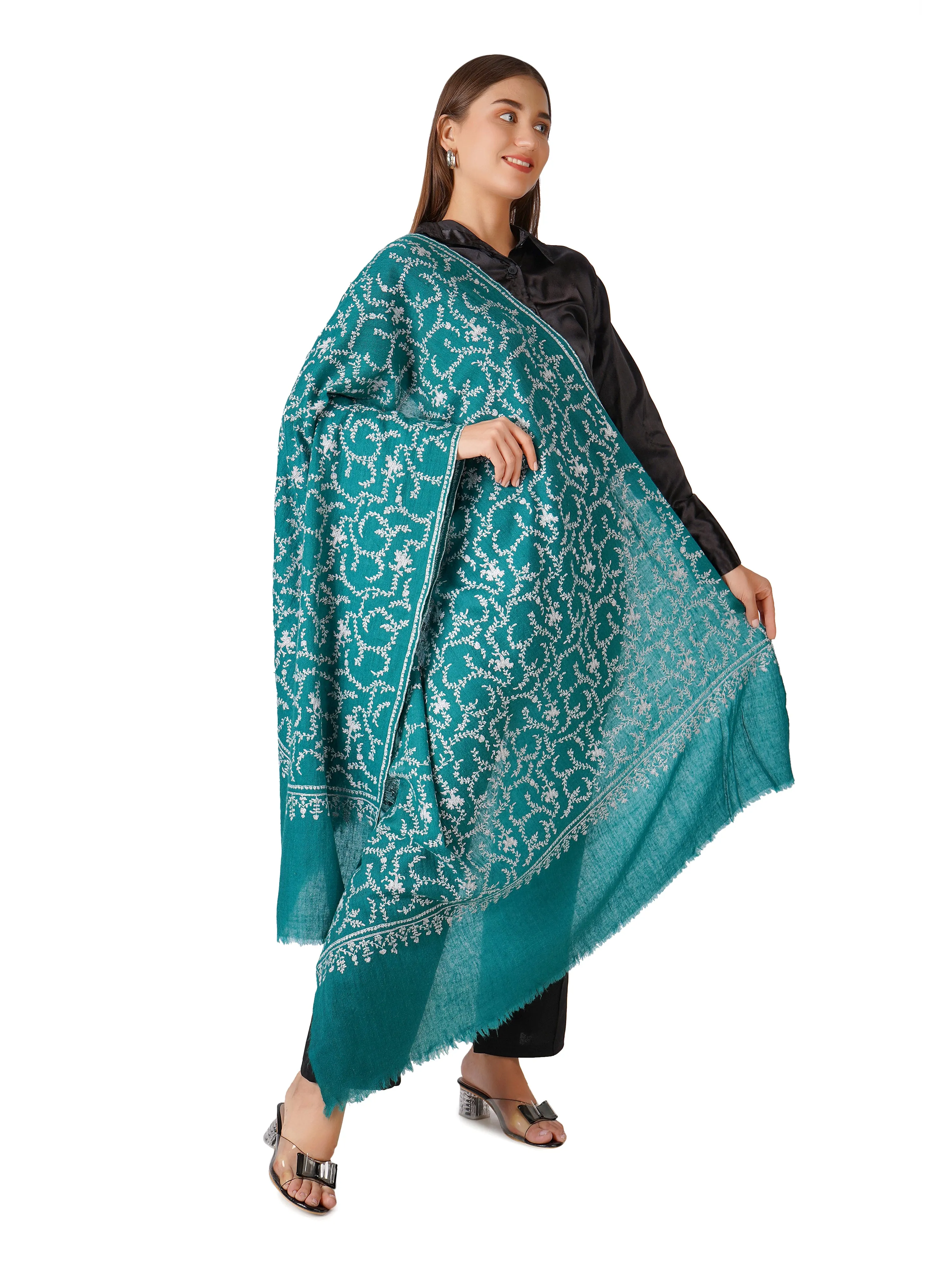 Cozy Pashmina Shawl with Intricate Embroidery - Green