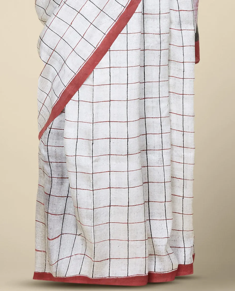 Cream checked-design printed silk saree, contrast plain ganga jamuna border