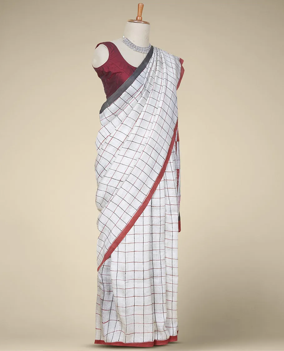 Cream checked-design printed silk saree, contrast plain ganga jamuna border