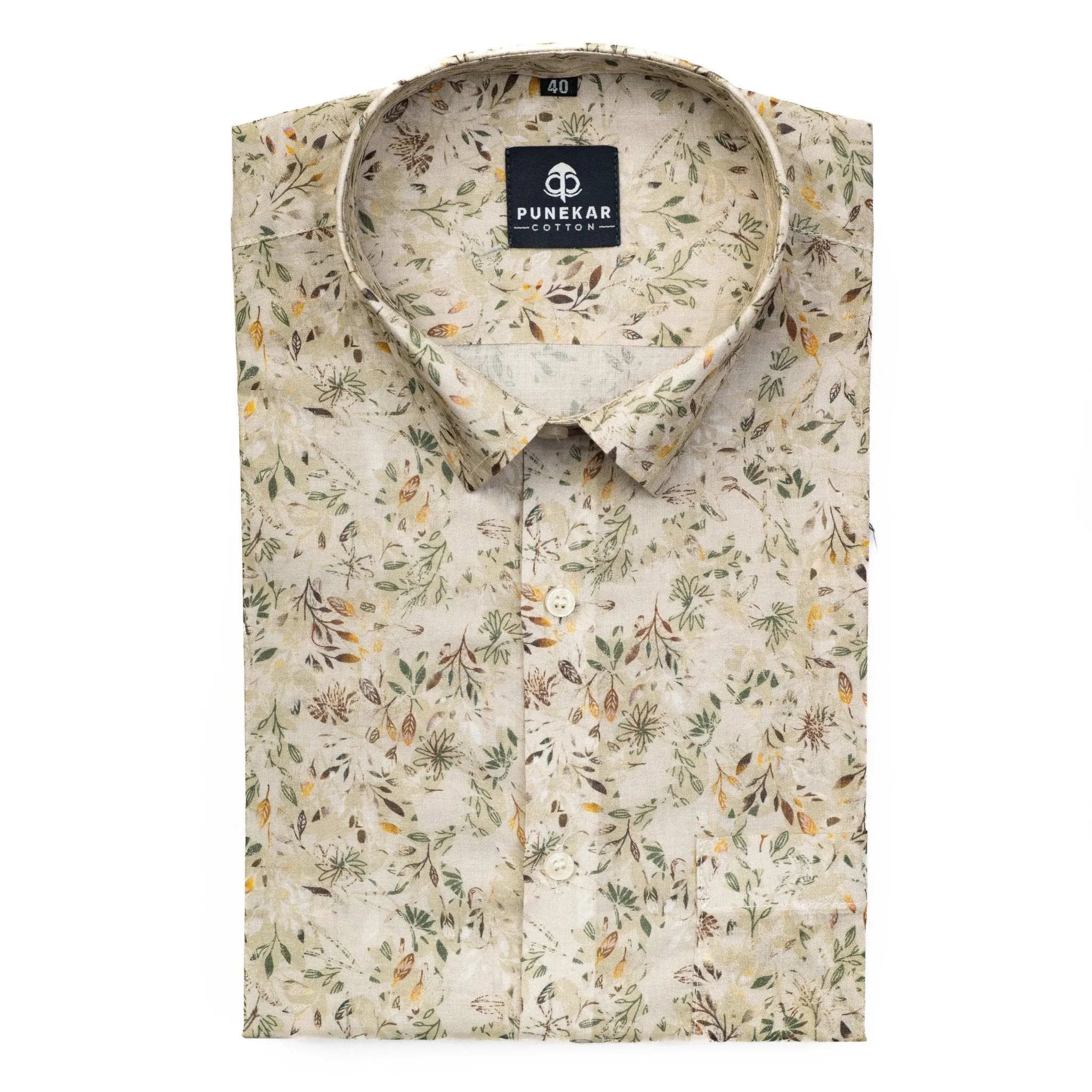 Cream Leaf Printed Wool Cotton Shirt For Men