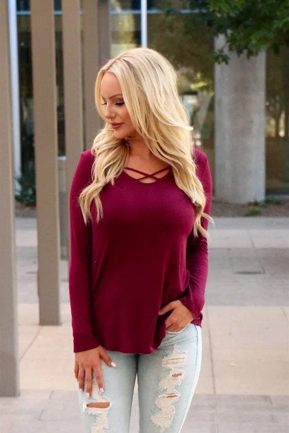 Cross V-neck Pure Color Long Sleeves Loose Blouse