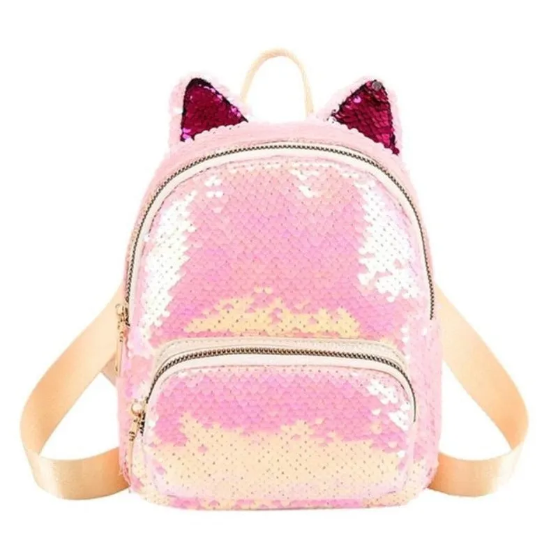 Cute Sequins Cat Ears School Zipper Backpack