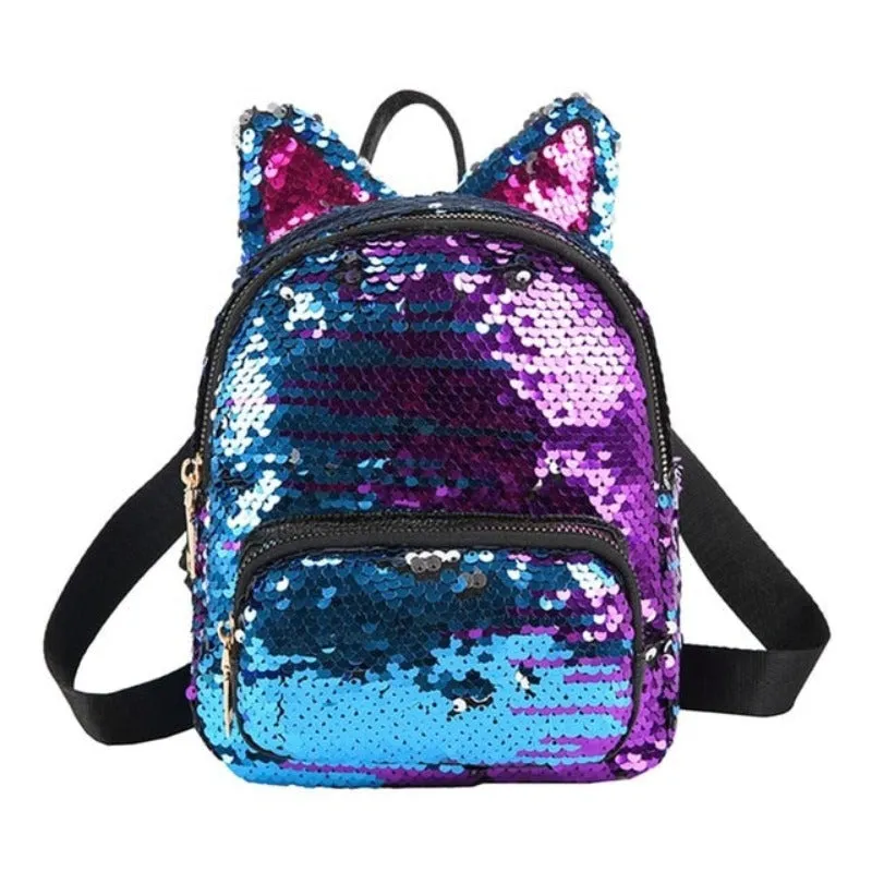 Cute Sequins Cat Ears School Zipper Backpack