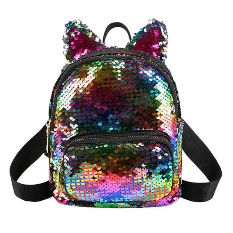 Cute Sequins Cat Ears School Zipper Backpack