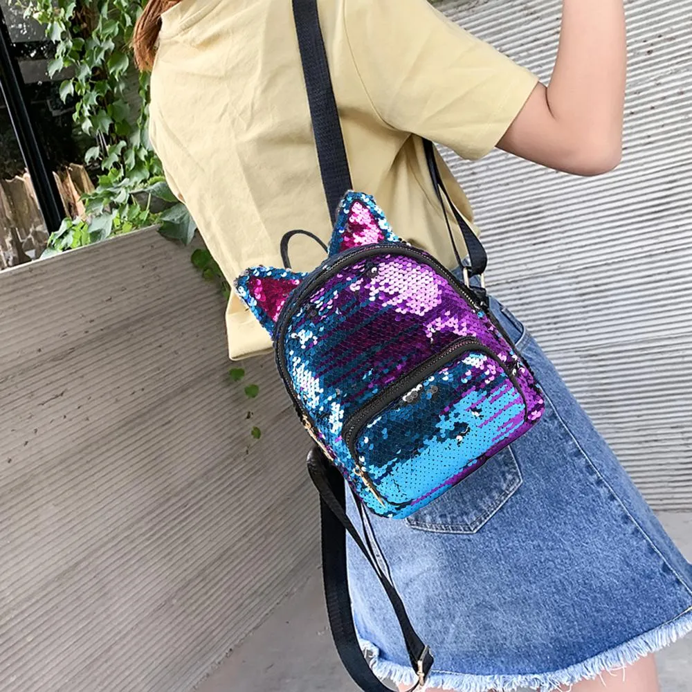 Cute Sequins Cat Ears School Zipper Backpack