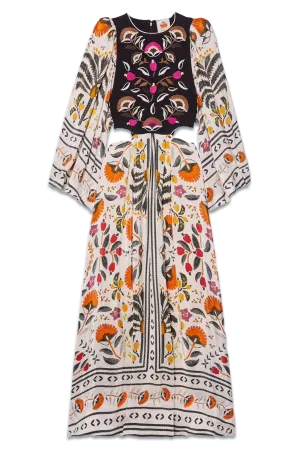 Cutout Embroidered Printed Crepe de Chine Maxi Dress