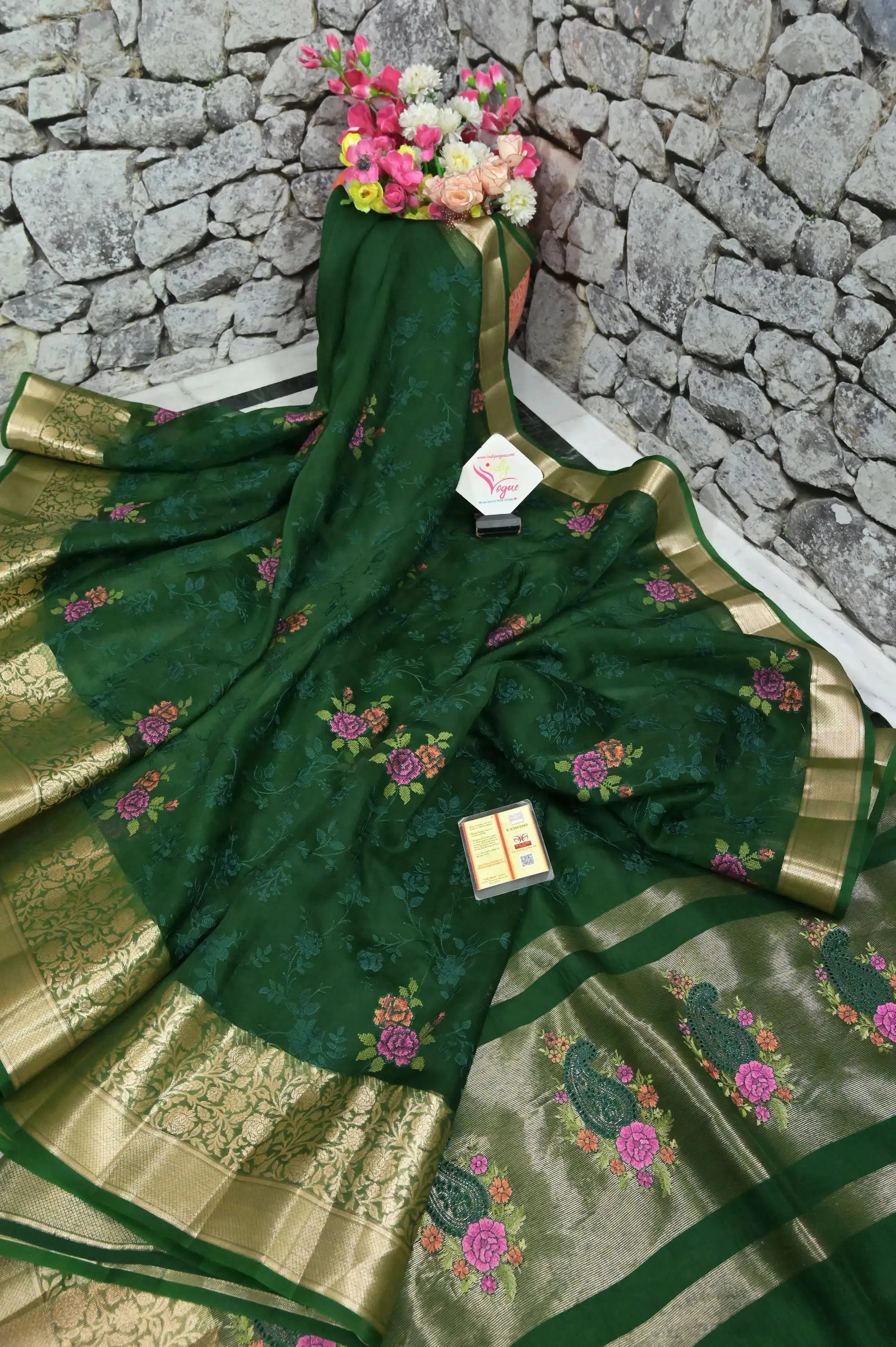 Deep Green Organza Banarasi Saree with Embroidery Work