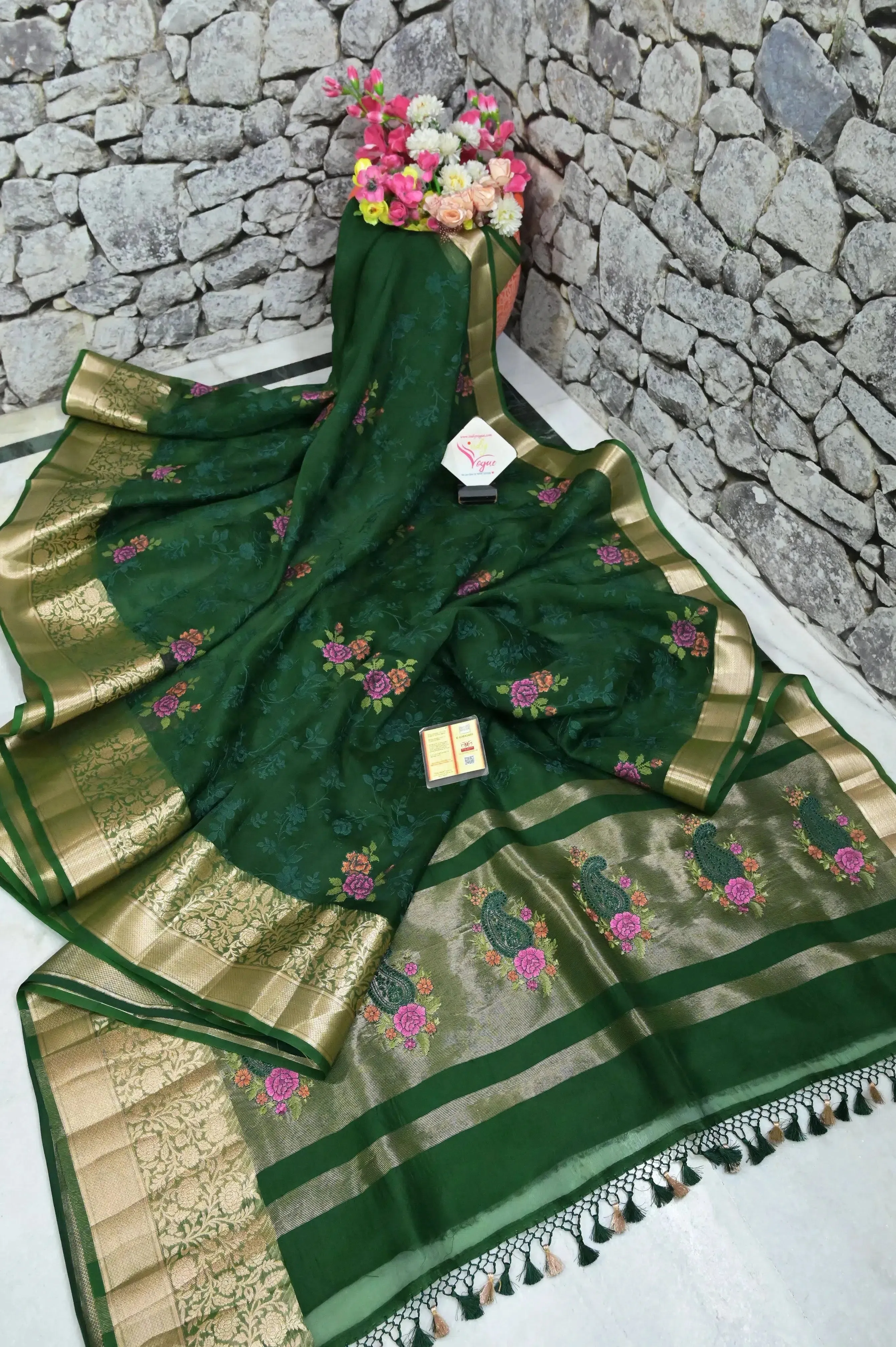 Deep Green Organza Banarasi Saree with Embroidery Work