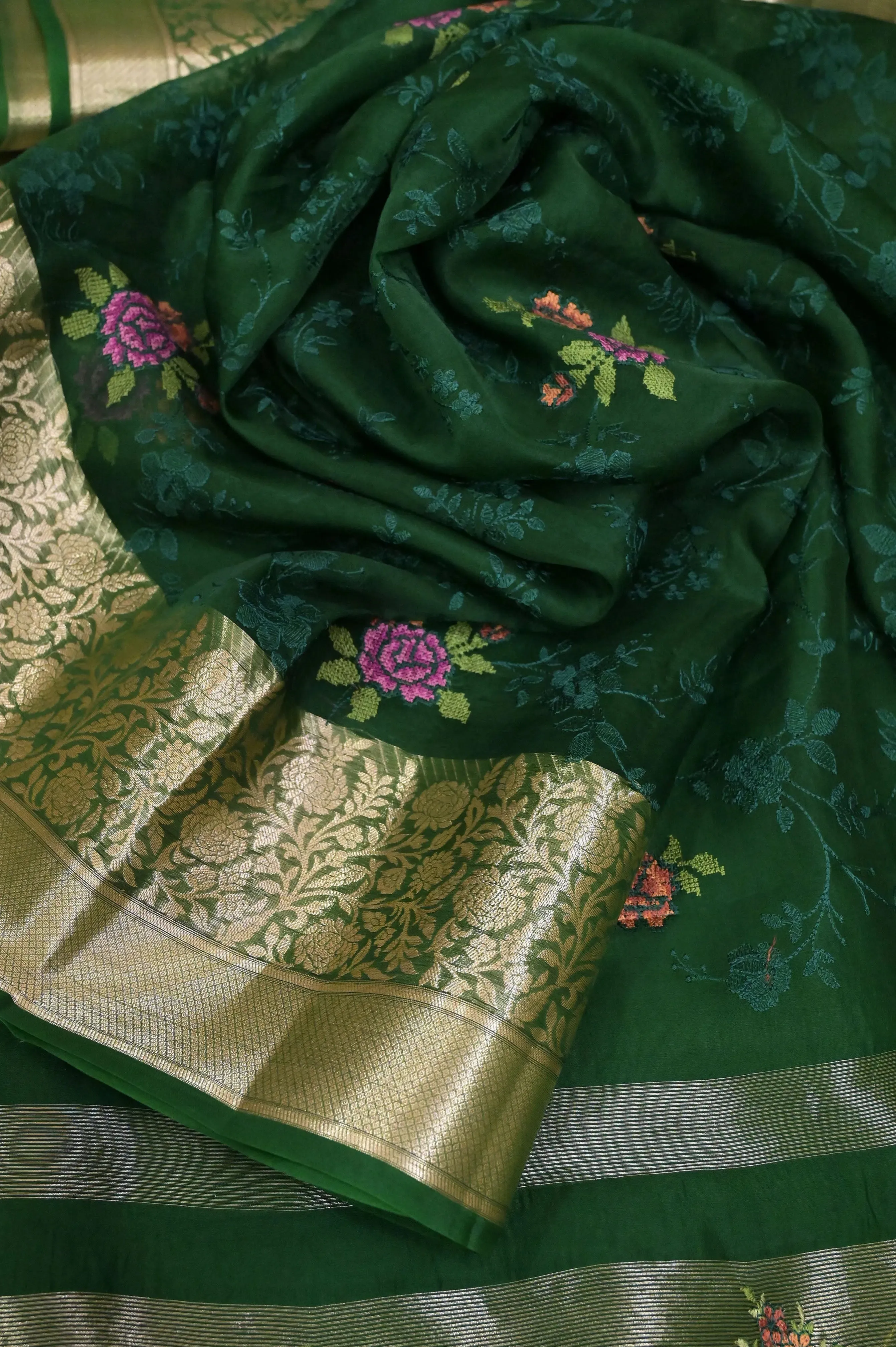 Deep Green Organza Banarasi Saree with Embroidery Work