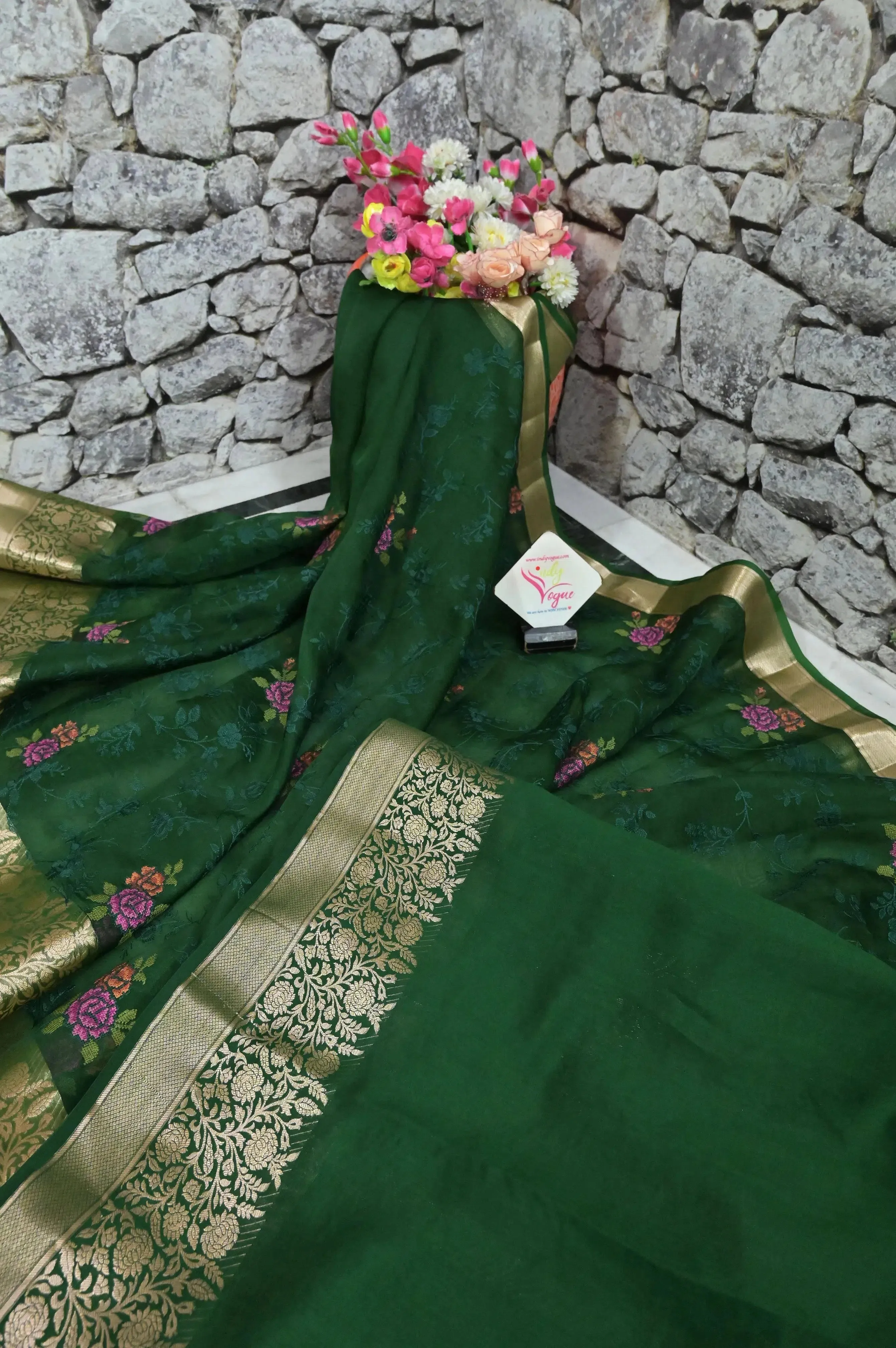 Deep Green Organza Banarasi Saree with Embroidery Work