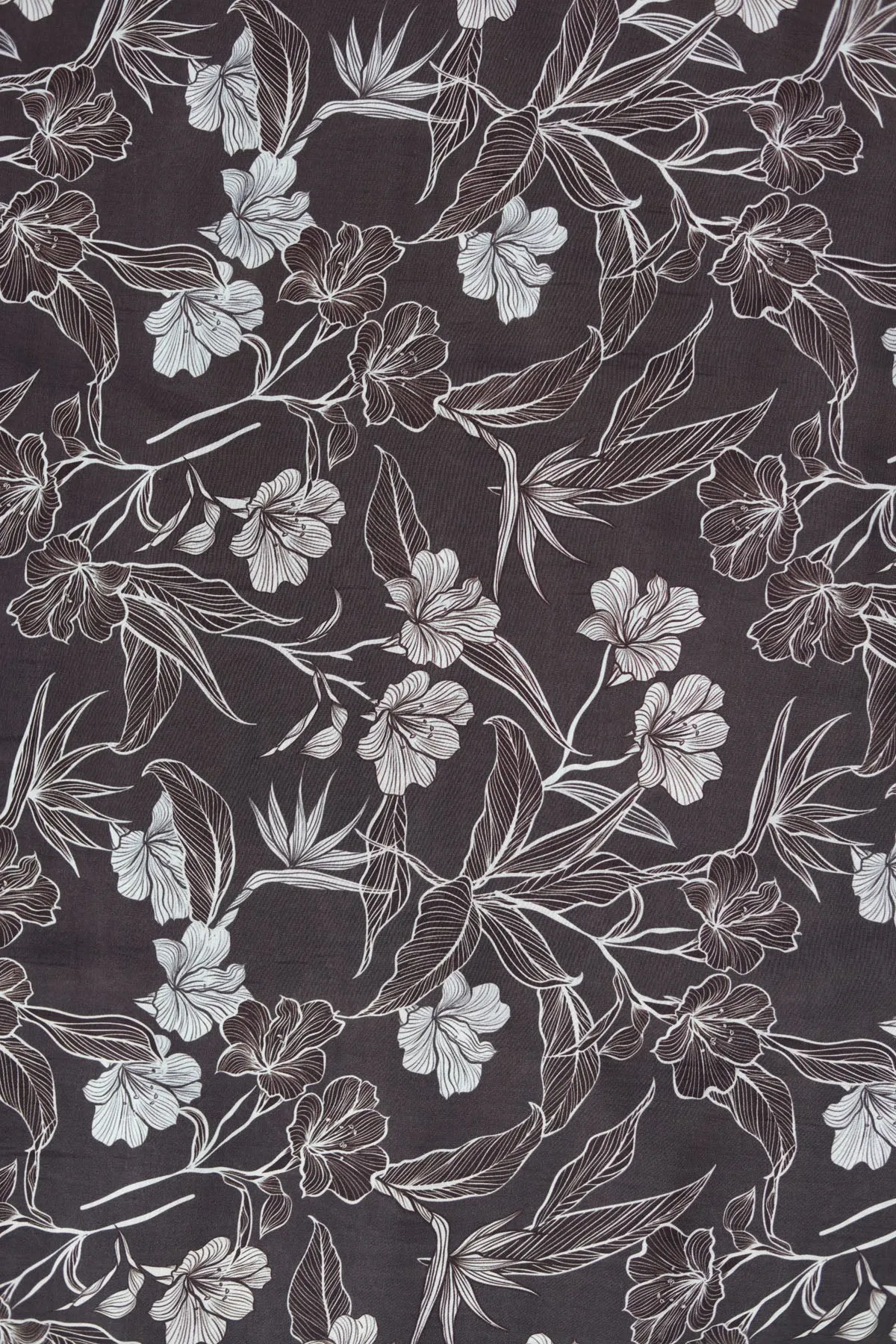 Deep Taupe Floral Printed Natural Muslin Silk Fabric