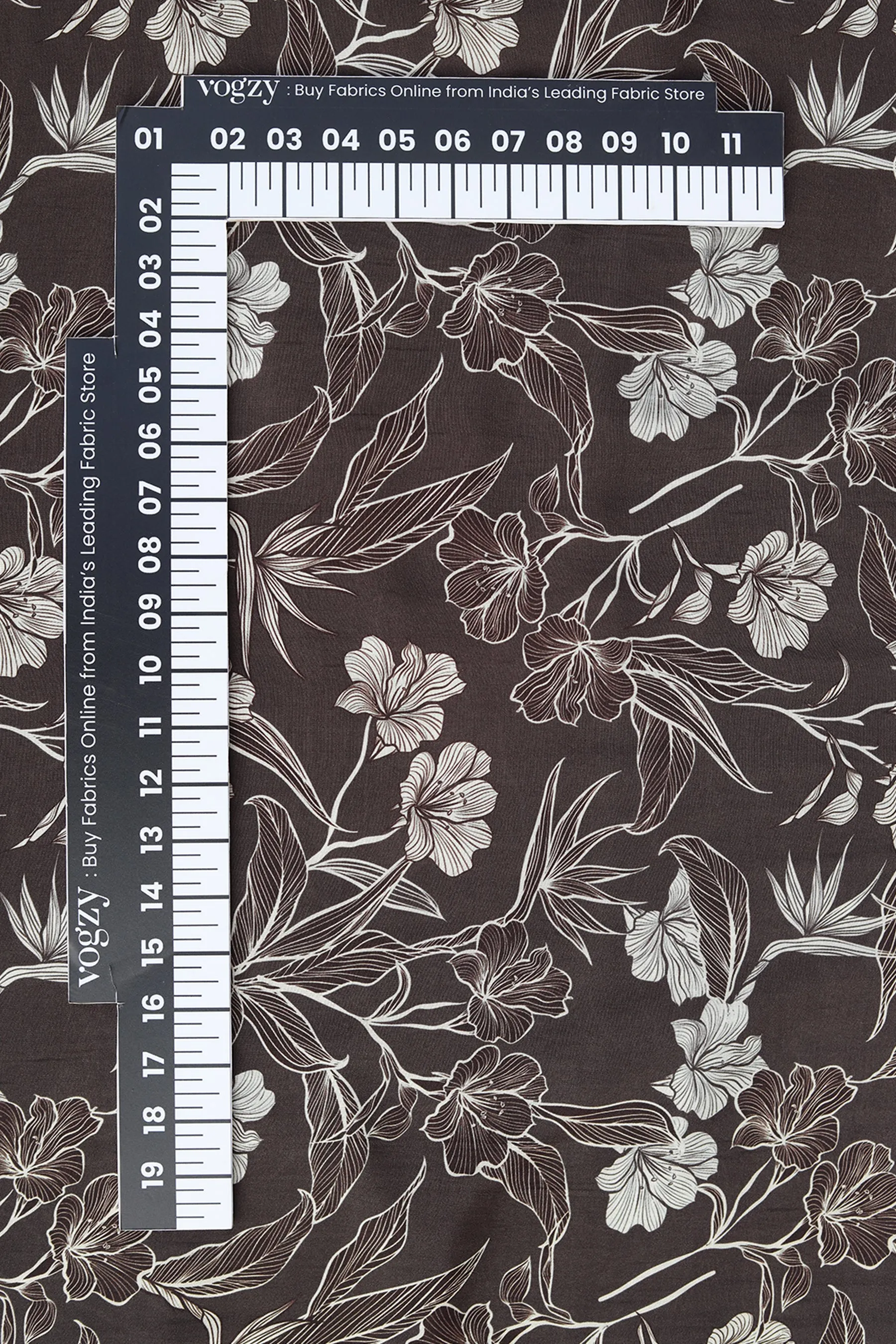 Deep Taupe Floral Printed Natural Muslin Silk Fabric