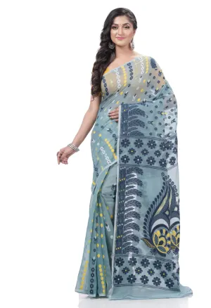 Desh Bidesh Embellished Jamdani Handloom Cotton Blend Saree (Blue)