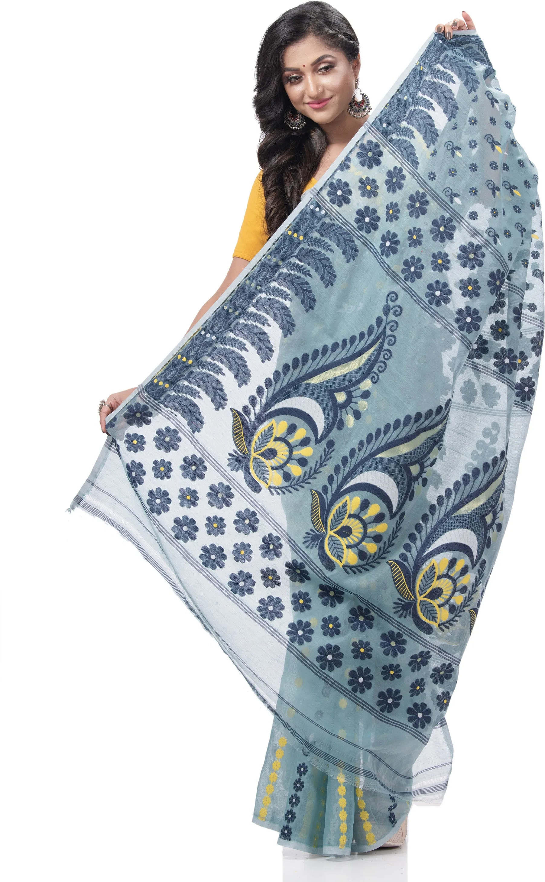 Desh Bidesh Embellished Jamdani Handloom Cotton Blend Saree (Blue)