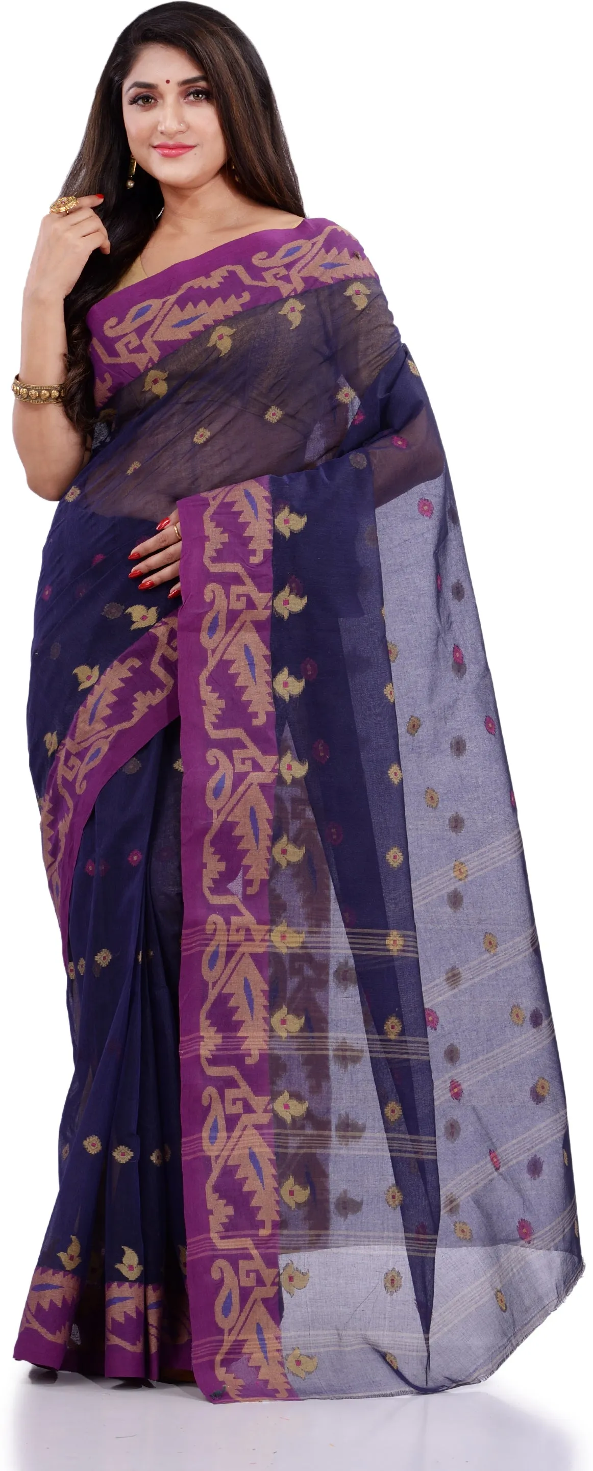 Desh Bidesh Woven Handloom Pure Cotton Saree (Blue)