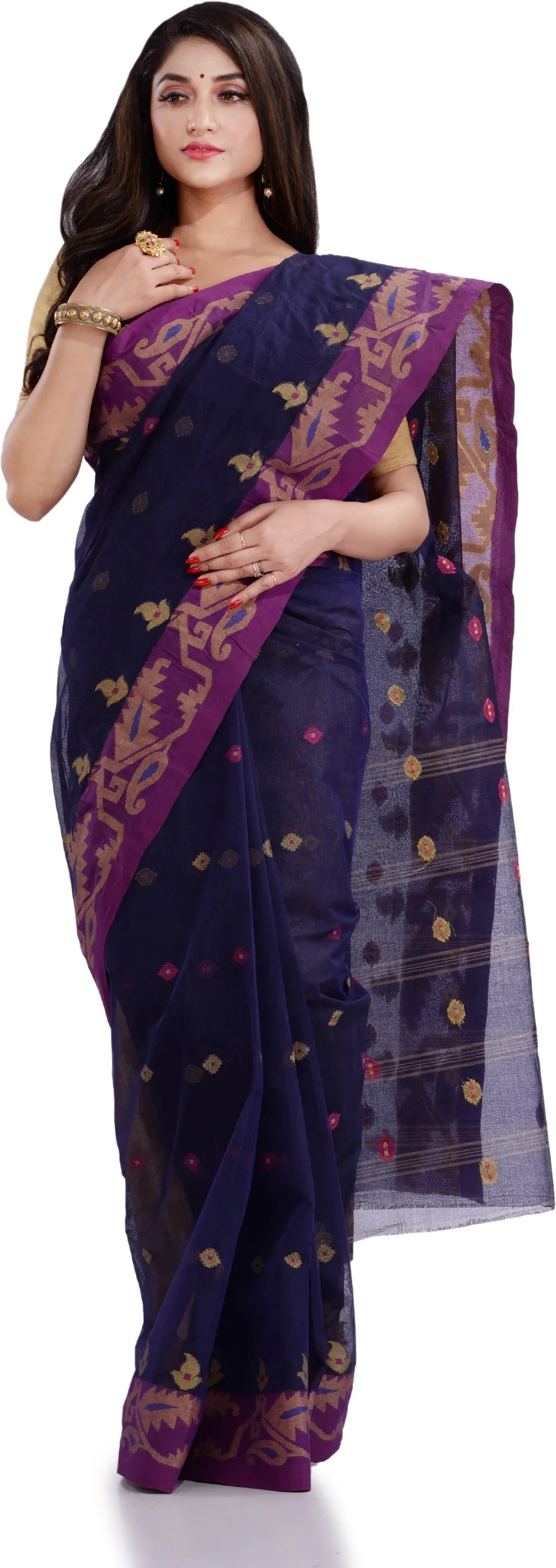 Desh Bidesh Woven Handloom Pure Cotton Saree (Blue)