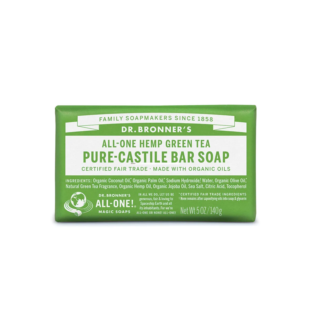 Dr. Bronner's Green Tea  Pure-Castile Bar Soap Hemp All-One 140g