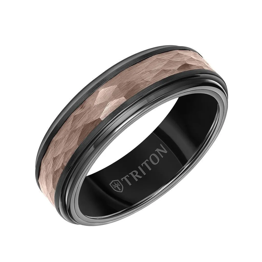 DUNN 7MM Brown & Black Tungsten Carbide Ring - Hammered Center and Step Edge