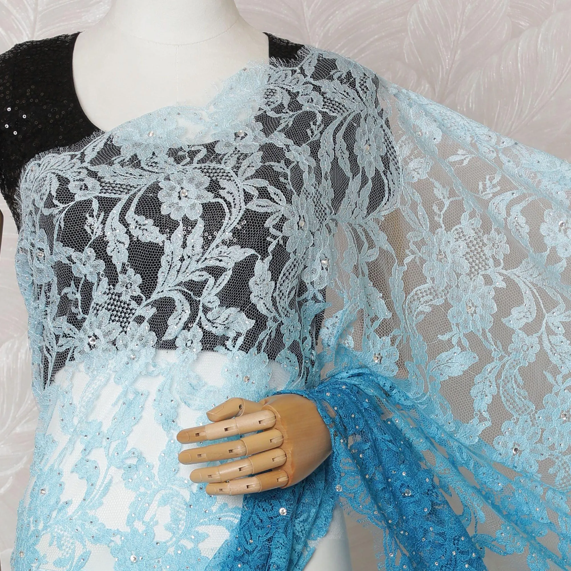 Electric blue to Azure blue Premium pure French chantilly lace saree having stone work in ombre design-D14602