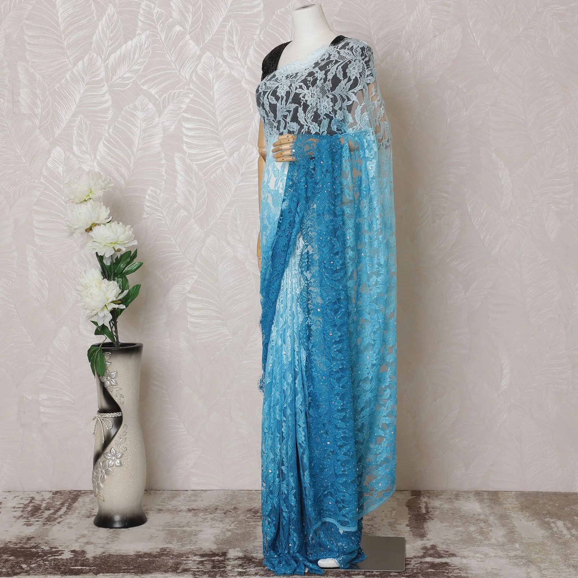 Electric blue to Azure blue Premium pure French chantilly lace saree having stone work in ombre design-D14602