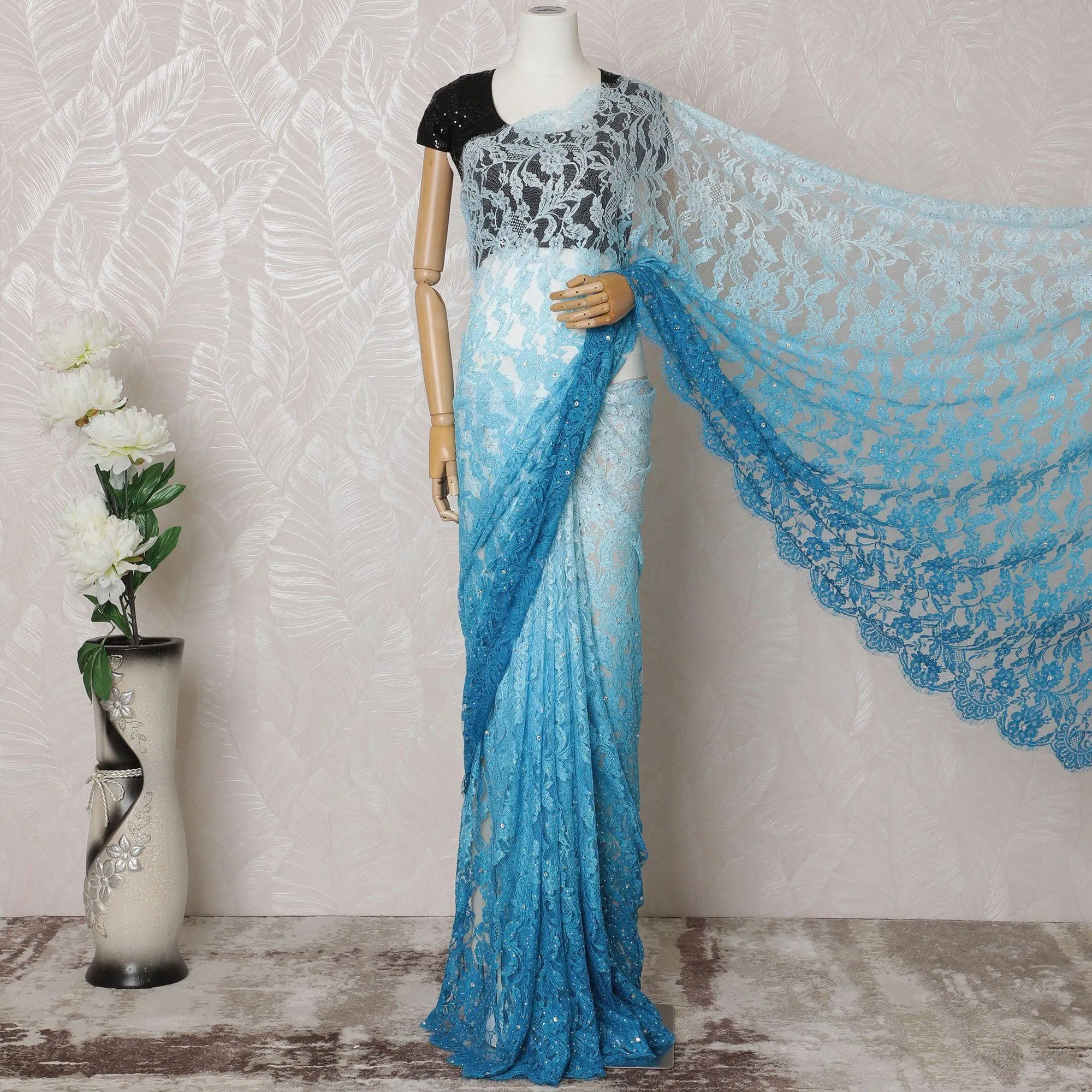 Electric blue to Azure blue Premium pure French chantilly lace saree having stone work in ombre design-D14602