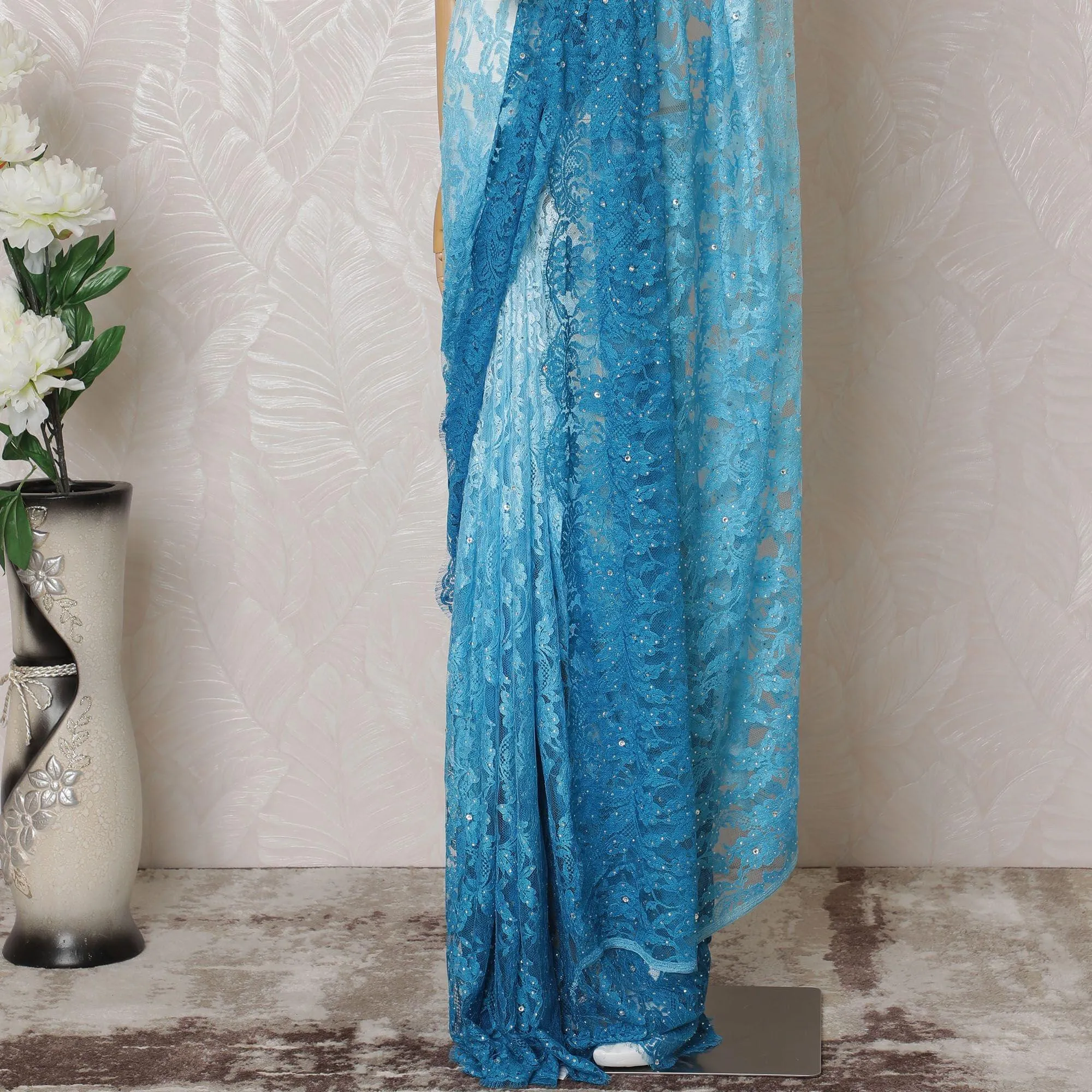 Electric blue to Azure blue Premium pure French chantilly lace saree having stone work in ombre design-D14602