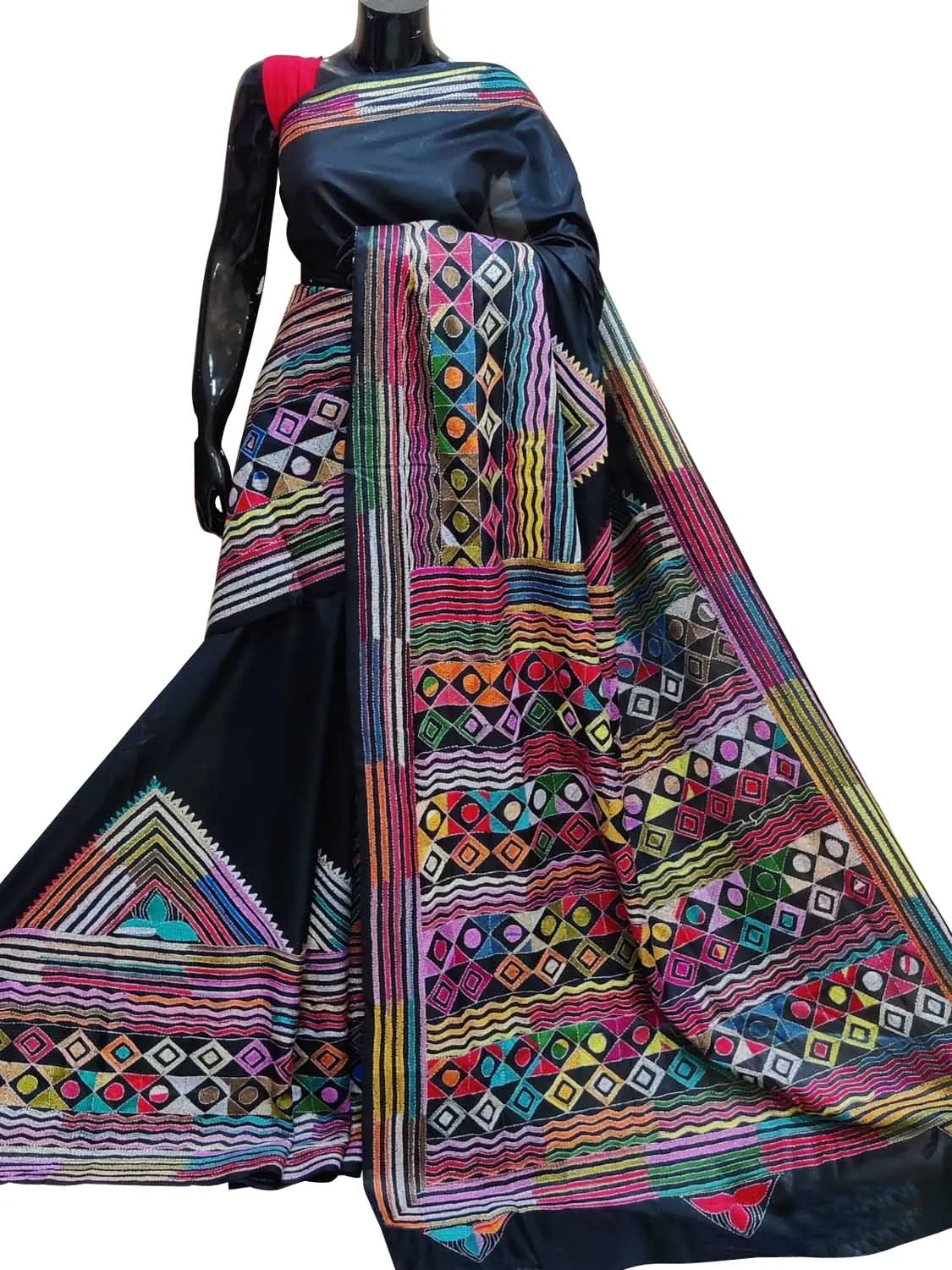 Elegant Black Hand Embroidered Kantha Silk Saree