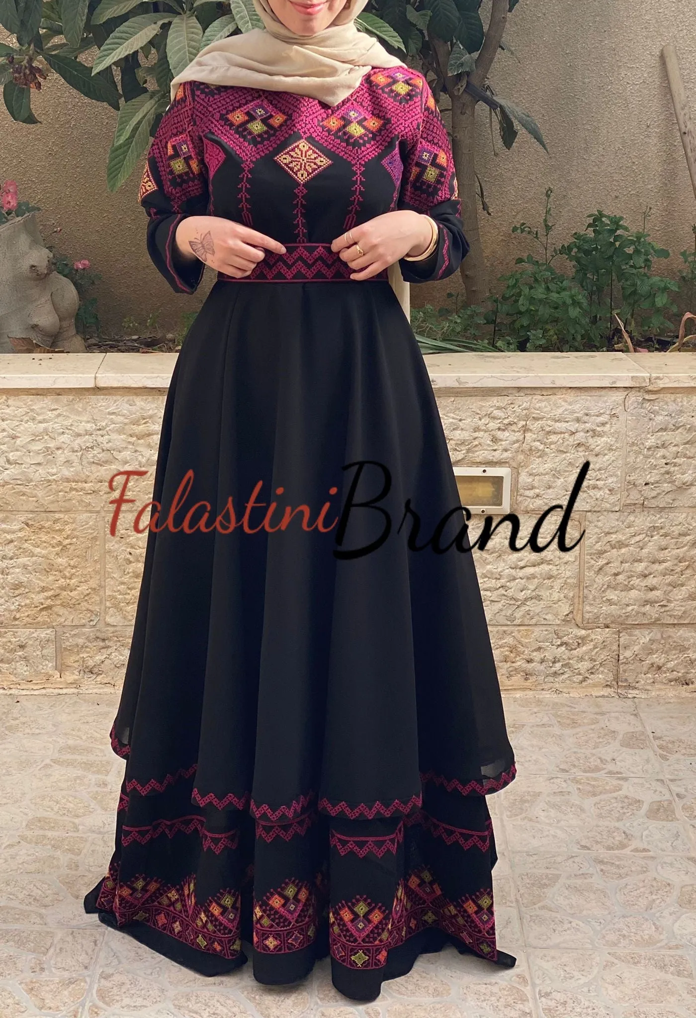 Elegant Black Palestinian Embroidered Cloche Layered Dress