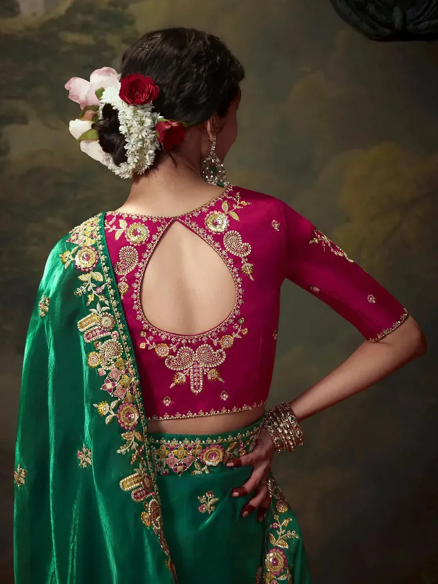 Elegant Dark Green Embroidered Fancy Saree