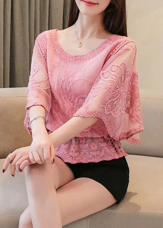 Elegant Grey Embroidered Hollow Out Cotton Top Batwing Sleeve GH1001