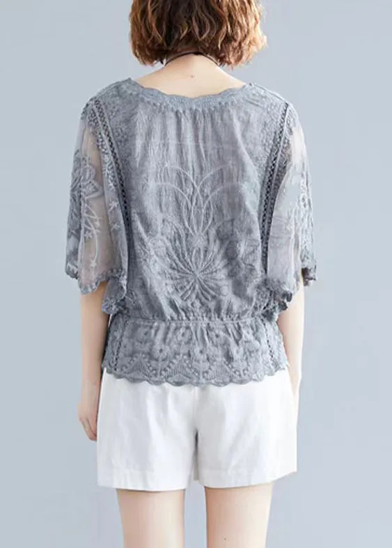 Elegant Grey Embroidered Hollow Out Cotton Top Batwing Sleeve GH1001