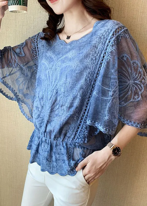 Elegant Grey Embroidered Hollow Out Cotton Top Batwing Sleeve GH1001