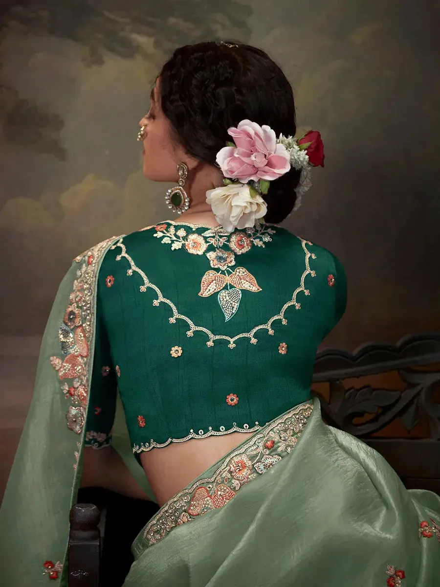 Elegant Light Green Embroidered Fancy Saree