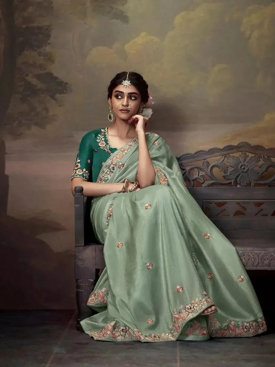 Elegant Light Green Embroidered Fancy Saree