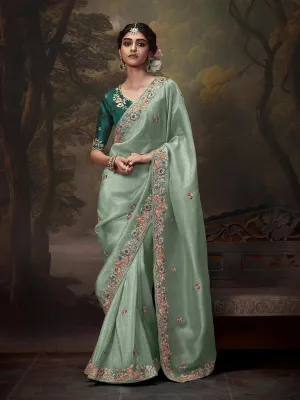 Elegant Light Green Embroidered Fancy Saree