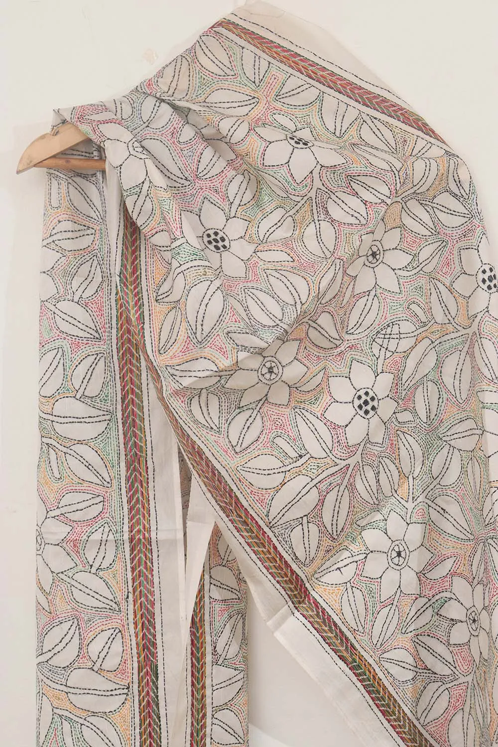 Elegant Off White Kantha Silk Stole with Hand Embroidery