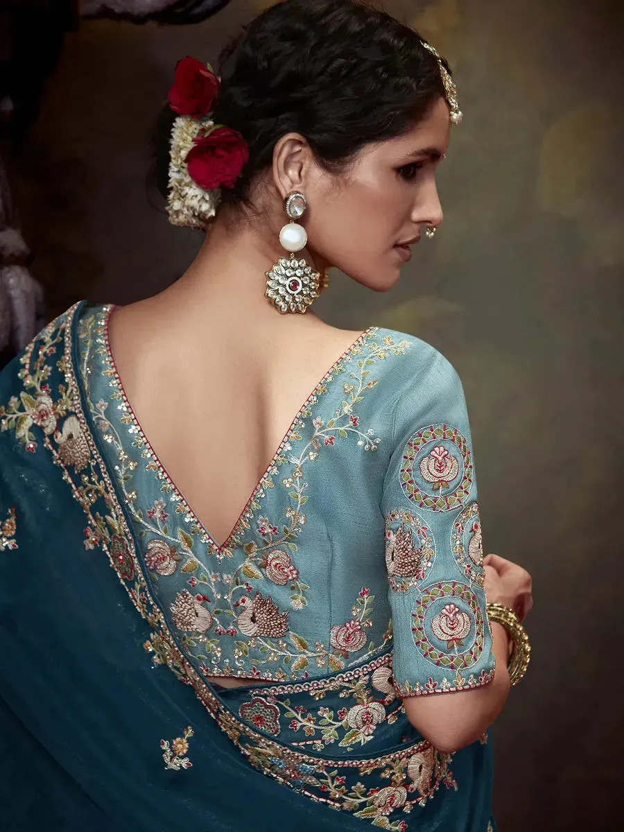 Elegant Peacock Blue Embroidered Fancy Saree