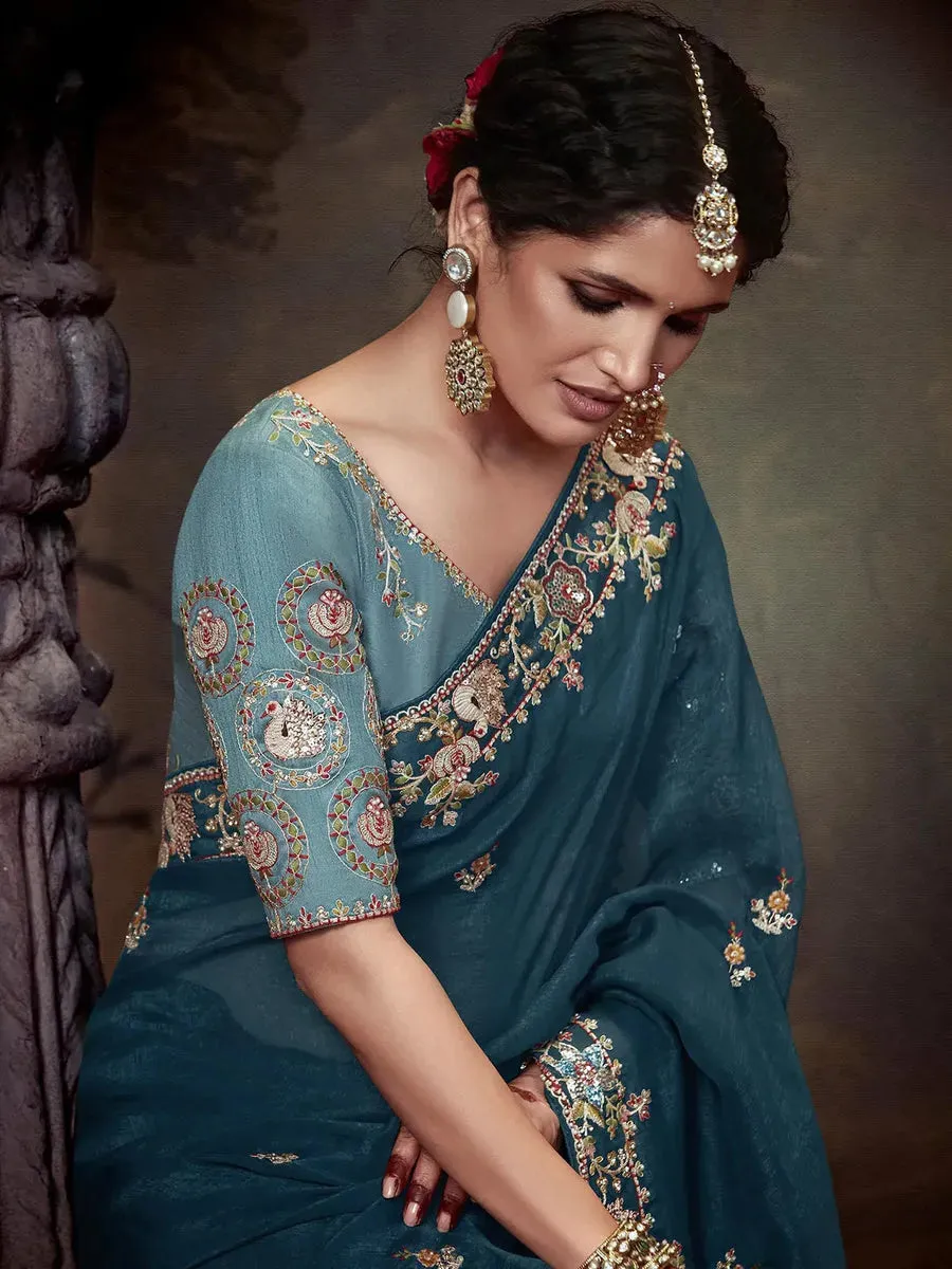 Elegant Peacock Blue Embroidered Fancy Saree