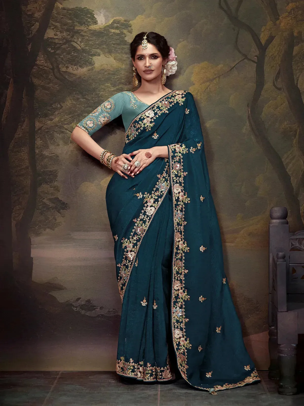 Elegant Peacock Blue Embroidered Fancy Saree