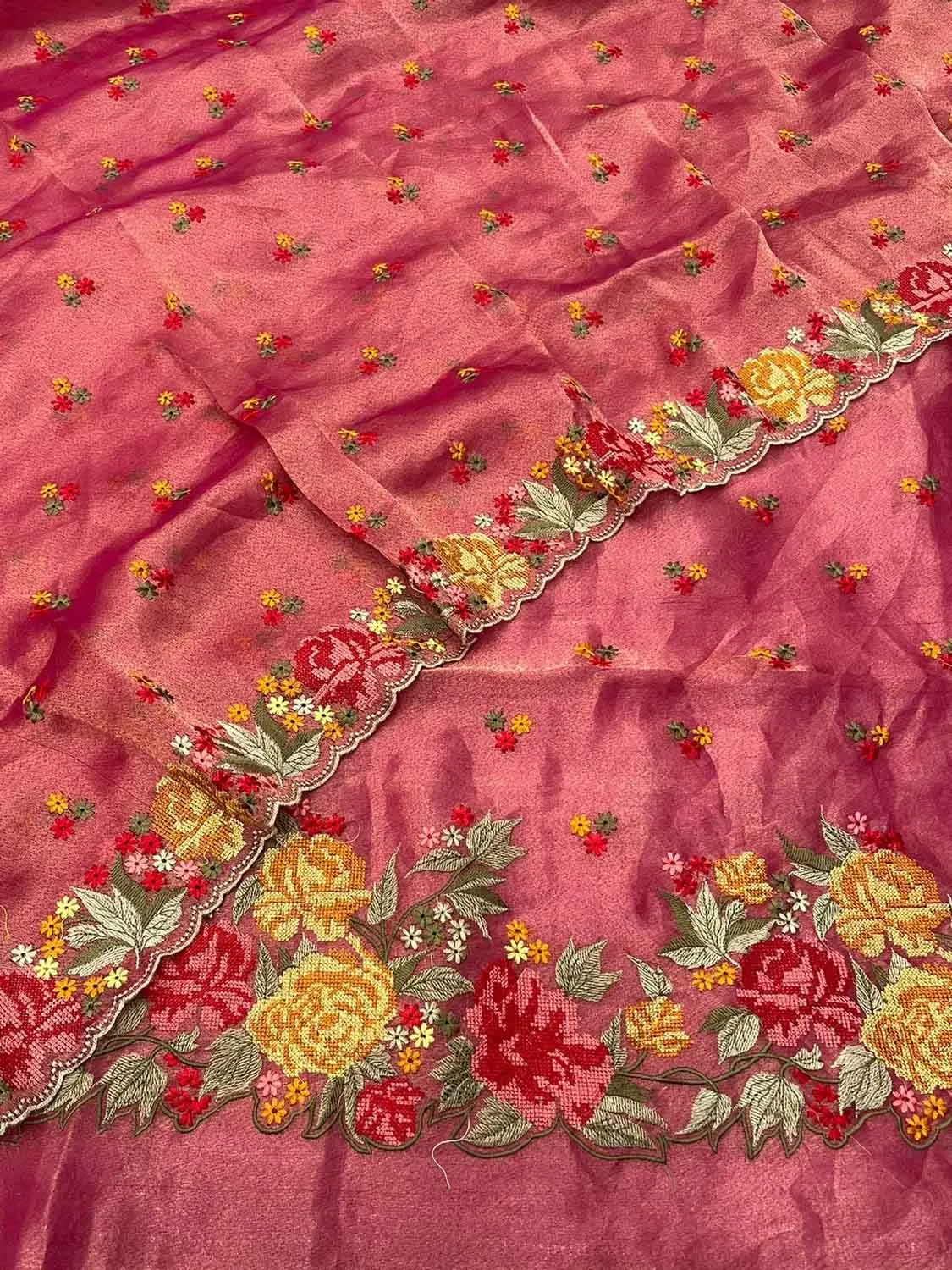 Elegant Pink Banarasi Embroidered Tissue Silk Suit Set