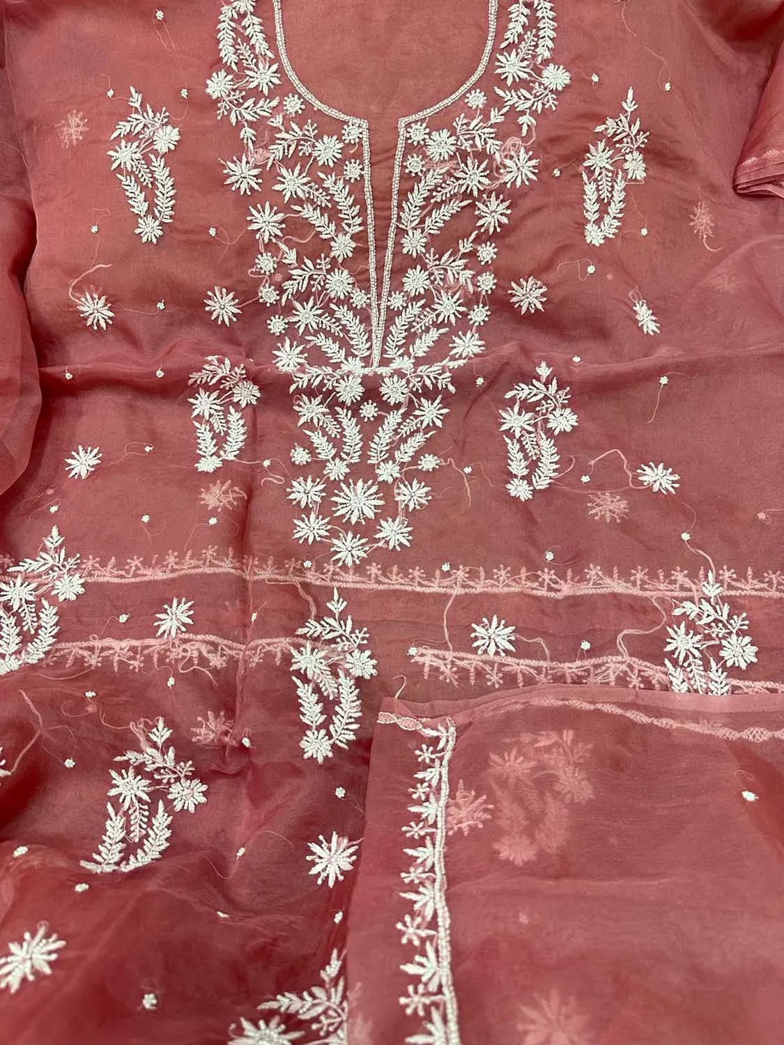 Elegant Pink Chikankari Organza Suit: Hand-Embroidered Perfection