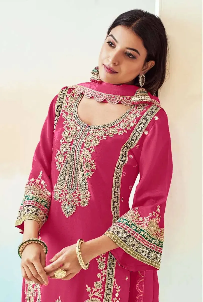 Elegant Pink Chinon Embroidered Palazzo Suit