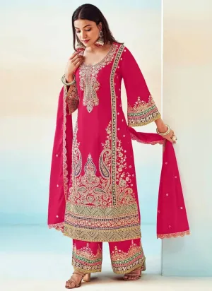 Elegant Pink Chinon Embroidered Palazzo Suit