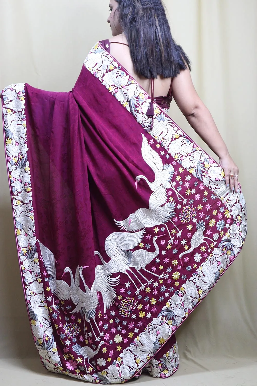 Elegant Purple Hand Embroidered Parsi Gara Crepe Saree